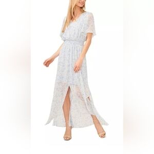 CeCe Women's Floral Maxi Dress, Light Blue & White, Smocked Waist, V Neck, Large